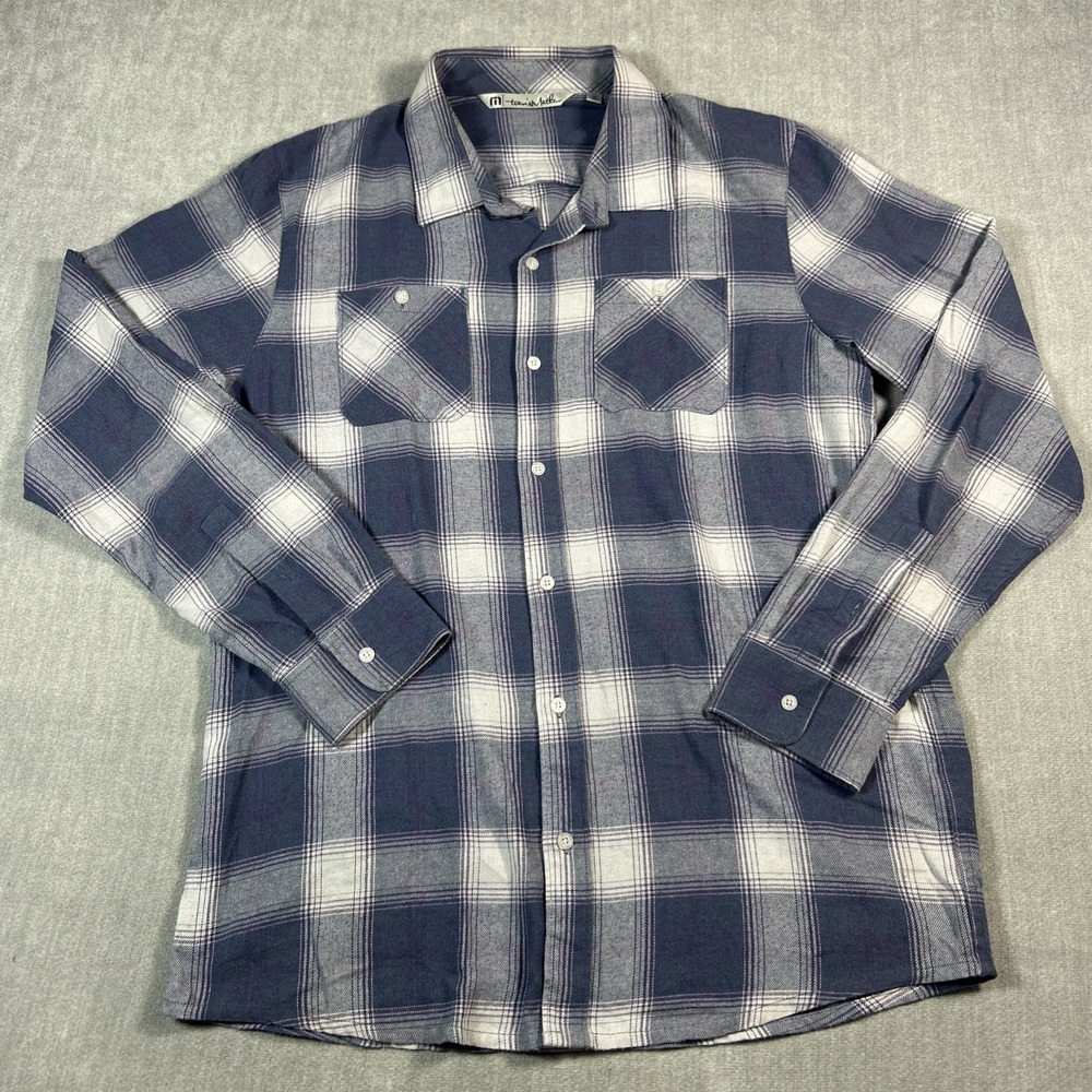 Travis Mathew Mens XL Blue Gray Plaid Flannel Golf Long Sleeve Button Up Shirt